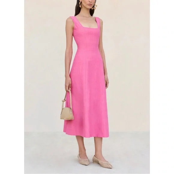 NWT Cult Gaia Midi Pink Linen-Blend Leigh Open-Back Dress - Picture 3 of 9